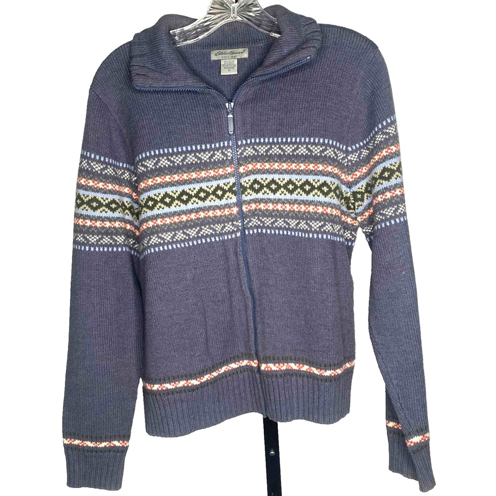 Eddie Bauer Women's Full Zip Nordic Fair Isle cotton Cardigan Size medium nerdy